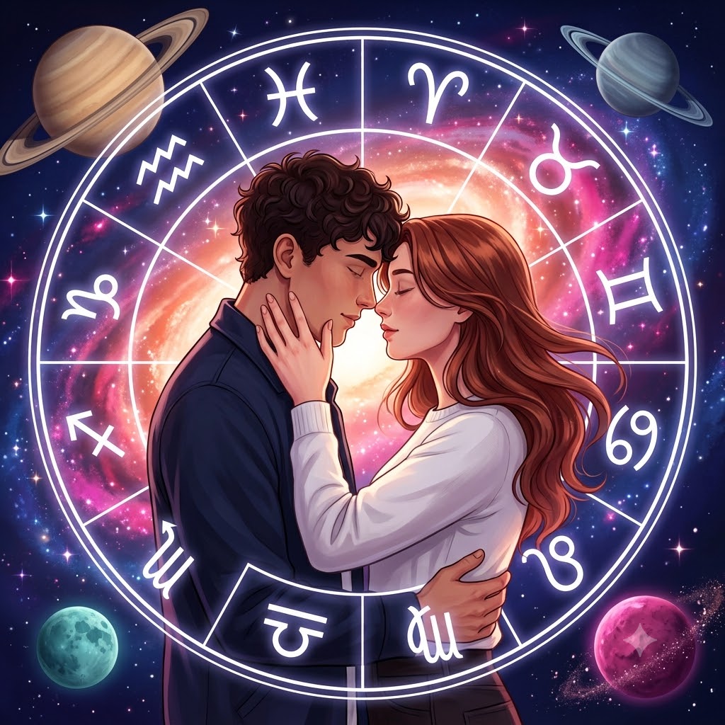 Illustration of a young couple embracing inside a glowing zodiac wheel set against a swirling starry galaxy.