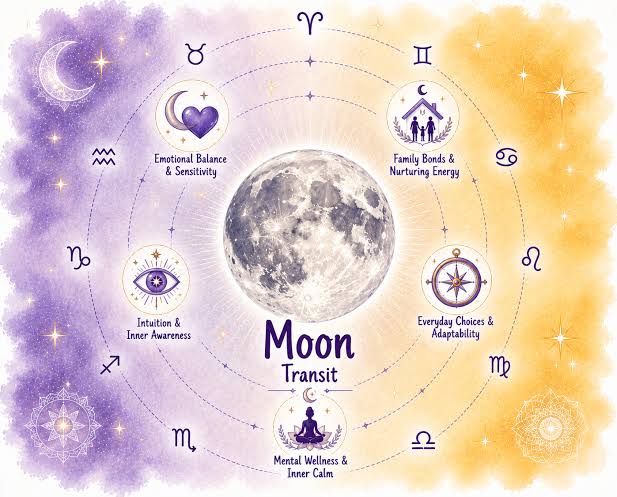 Illustration of the Moon ringed by the zodiac and everyday emotional themes.