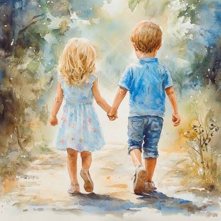 Watercolor illustration of a young girl and boy holding hands as they walk down a sunlit path.